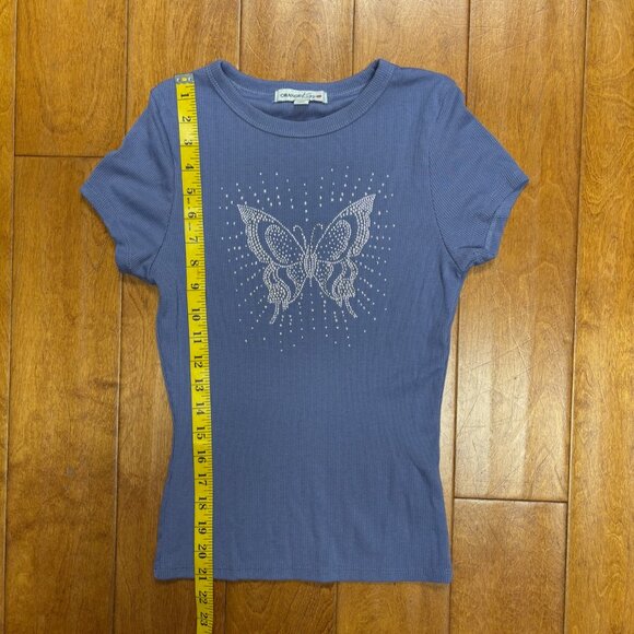 VTG Orange Kiss‎ Womens Y2K Ribbed Shirt Size M Butterfly Rhinestones Bling - Picture 8 of 9